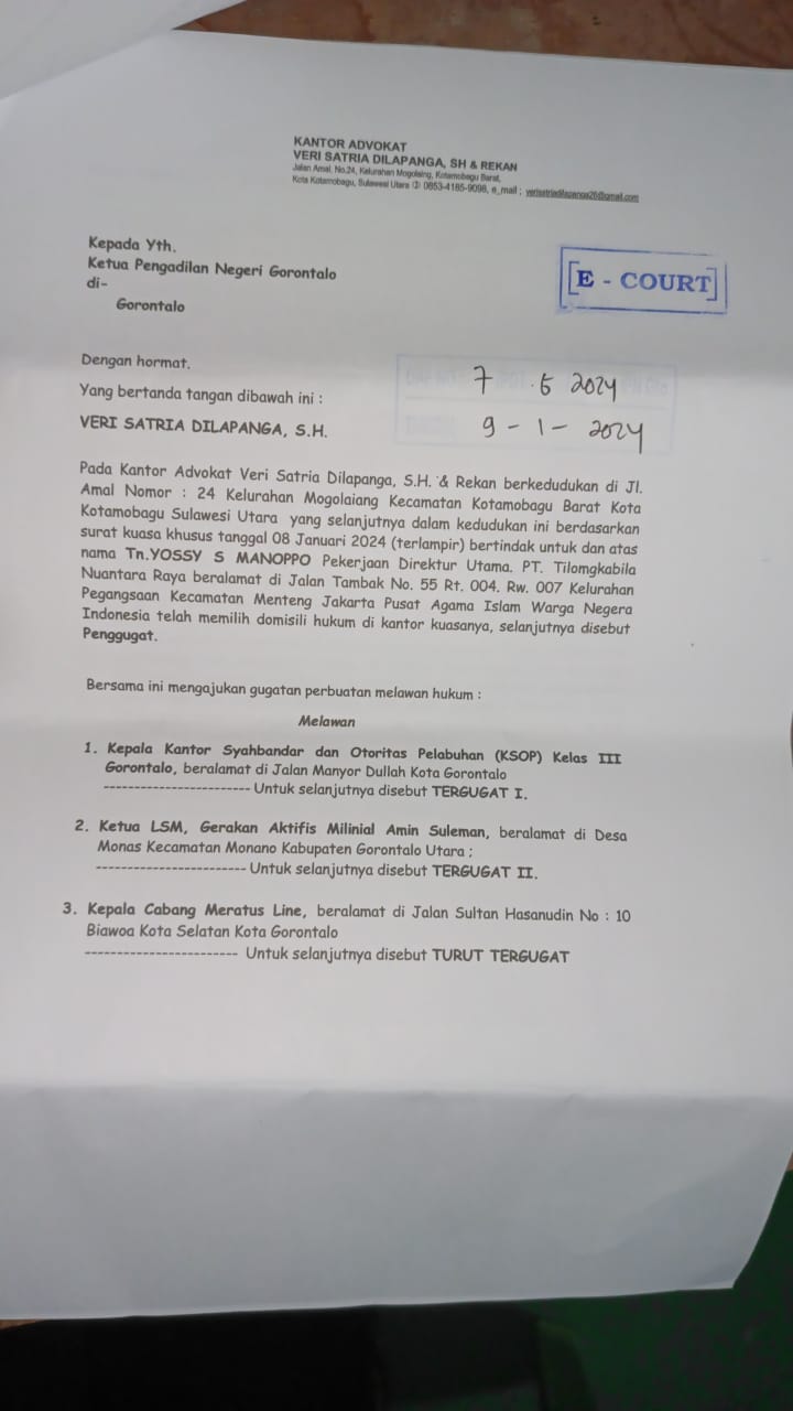 PT TNR Gugat Kepala KSOP, Ketua LSM GAM dan Kacab Meratus Line